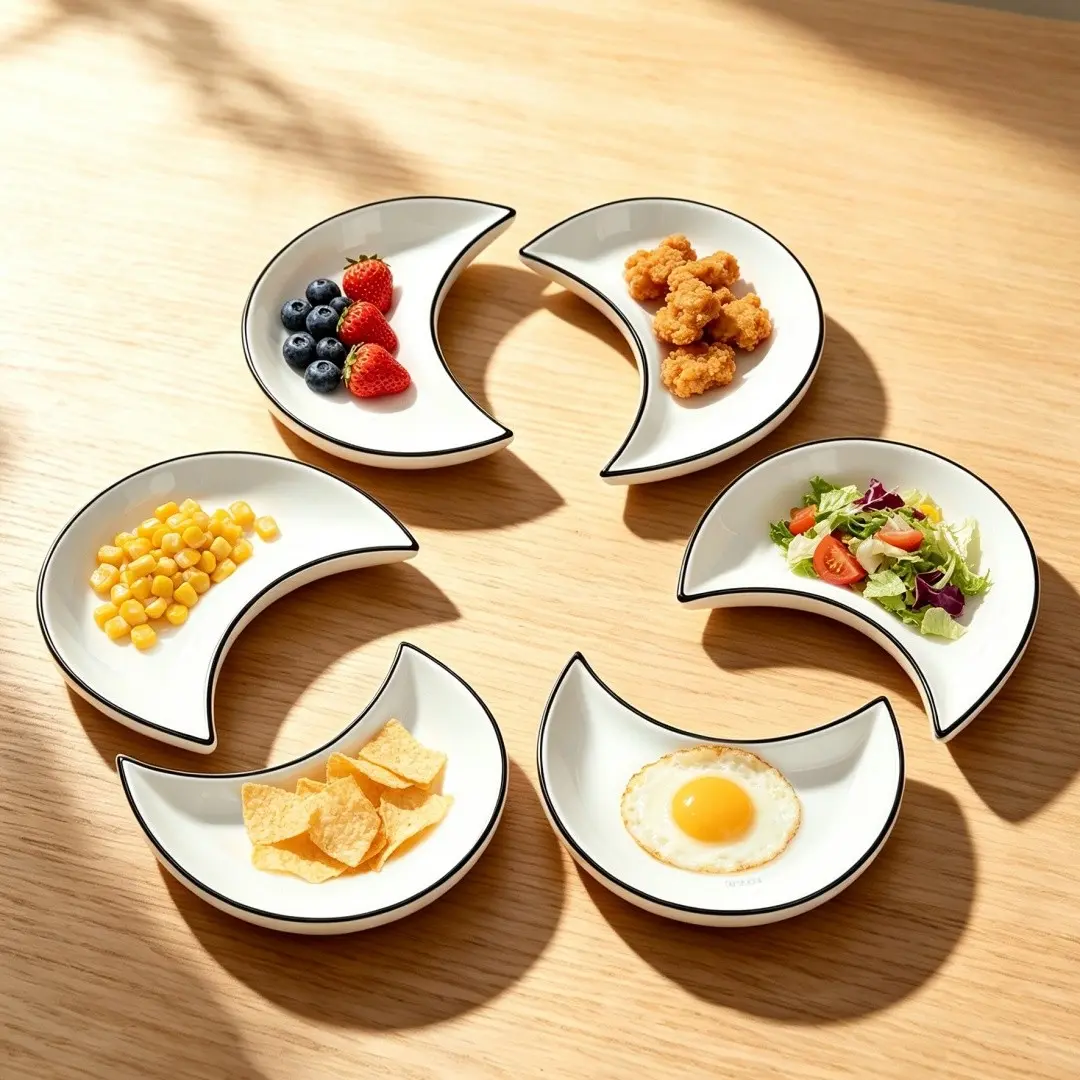 6pcs Moon Shape Ceramic Plate Set, Steak Plate, Snack Plate, Salad Plate, Ideal for Parties, Picnics, Camping, BBQ, Weddings, Oven & Dishwasher Safe