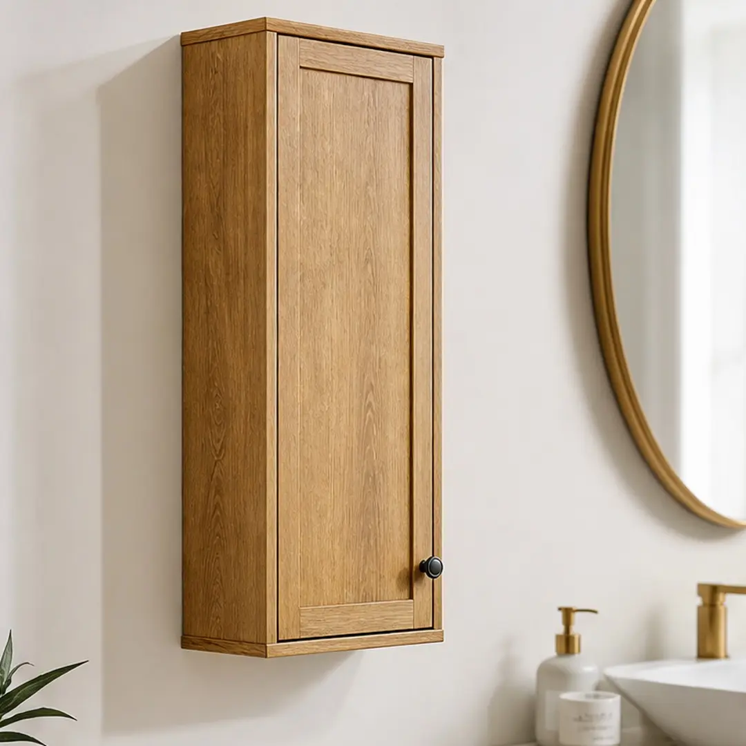 Wood Wall-Hanging Bathroom Cabinet, Sturdy 23" Tall Plywood Narrow Single-Door Corner Unit (11.81"w x13.78"d x23.62",26.77"l x16.93"w x7.28",27.56 lb), Golden Oak Finish, Moisture-Resistant, Easy Assembly for Bathroom, Laundry Room, Bath Decor