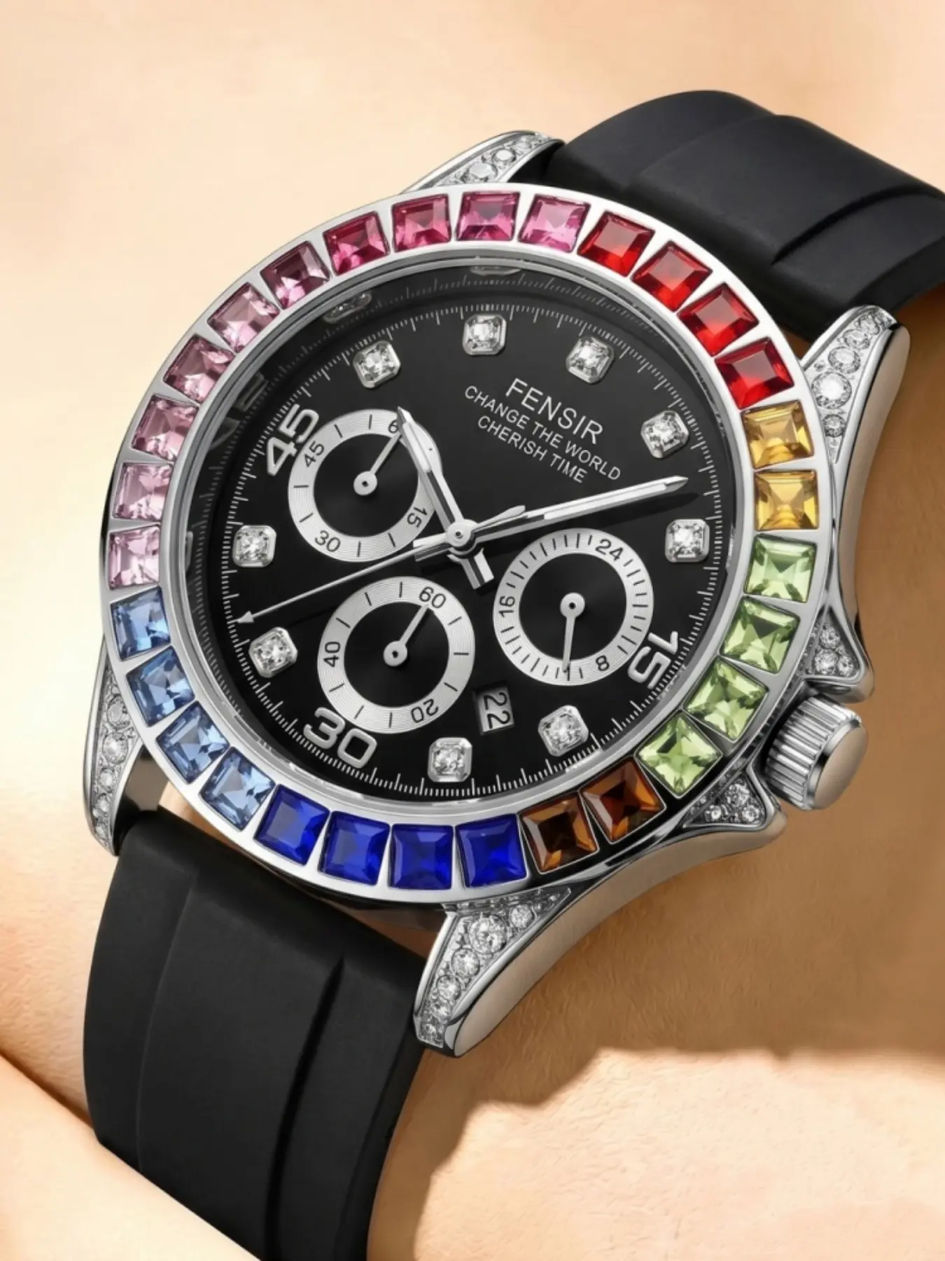 Rainbow Crystal Men's Quartz Watch, Luxurious Case, Silicone Strap, Waterproof, Fashionable Street Style, Business Casual, Gift, Analog Quartz Watches, Quartz Wristwatch
