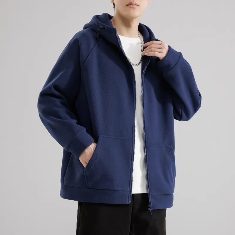Men's plush zipper hooded jacket, soft and warm polar plush full zipper jacket, drawstring hood with adjustable buckle, kangaroo pocket loose sportswear jacket, ideal choice for daily wear, hiking, camping, travel, autumn and winter men's multifunctional