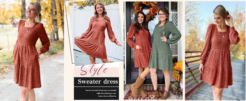 Womens Square Neck Long Sleeve Fall Dresses Casual Babydoll Sweater Dress