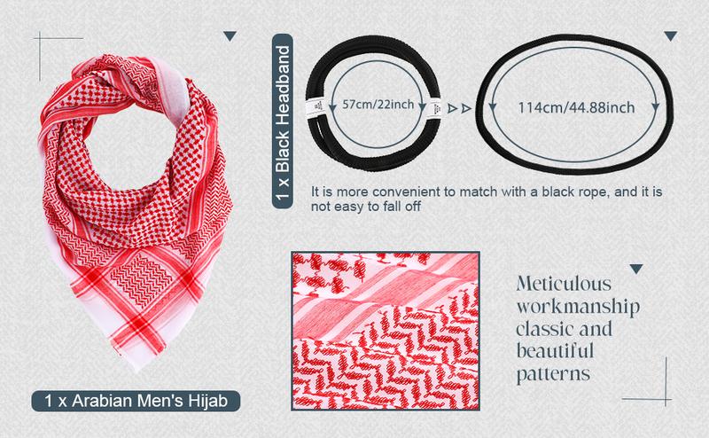 Arab Shemagh Muslim Keffiyeh Head Wrap Scarf Arabic Tactical Desert Headwear with Aqel Rope Halloween Costume Accessories