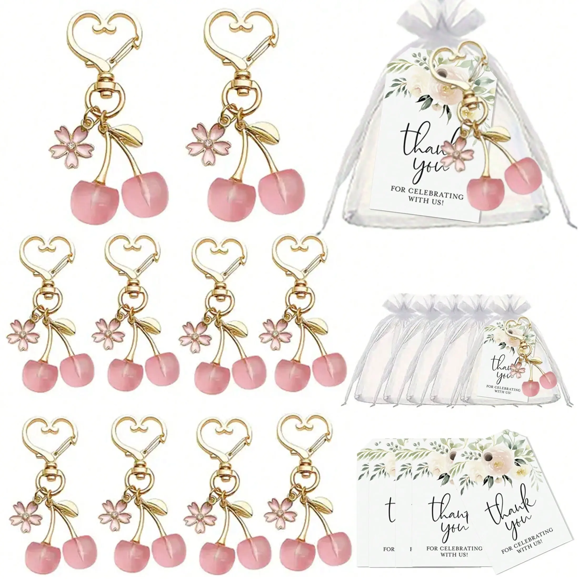 8set Cherry Blossom Keychain Set, Includes 8 Keychains, 8 Gift Bags, 8 Thank You Cards, Perfect for Birthdays, Weddings, Teacher Gifts