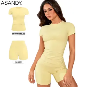 ASANDY 2 Piece Sports Set for Women Solid Color Breathable T Shirt High Waisted Fitted Shorts Ideal for Yoga Gym Workouts, 2 Piece Sets, Women's 2 Piece Set