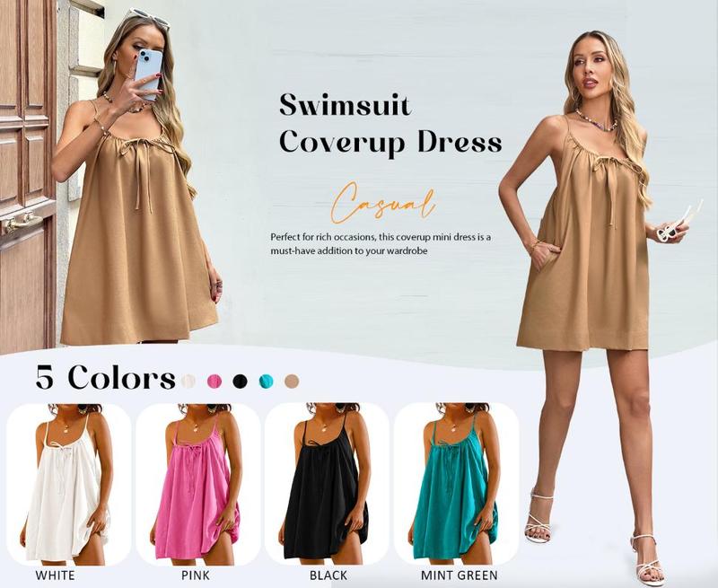 Danedvi Womens Spaghetti Strap Swimsuit Coverup Summer Linen Tie Backless Sleeveless Beach Cami Mini Dress with Pockets