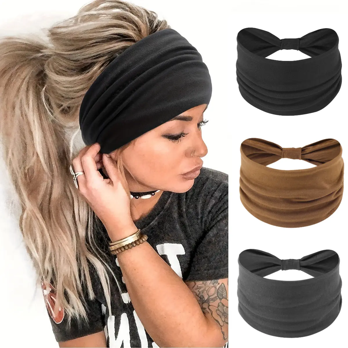 Women's 3-Piece Solid Color Gingham Headbands Set - 5.5in Wide Knotted Stretchy Elastic Fashion Headbands, Sweat Wicking Hair Accessories for Sports, Leisure, All Age Groups, Sweat Wicking Headband