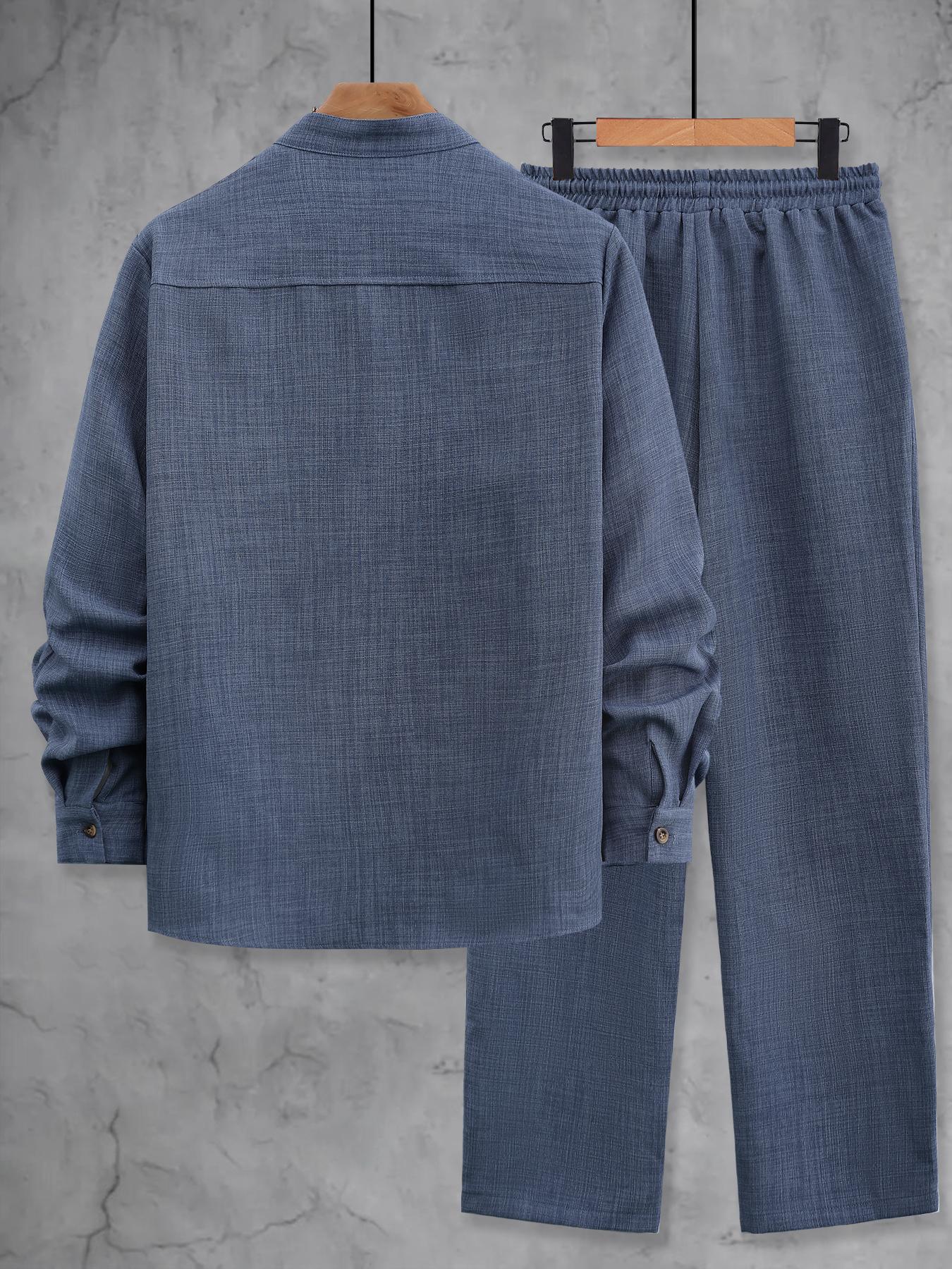 Men's Spring & Fall Casual Fitted Two-Piece Set, Long Sleeve Shirt & Pants Home Wear, Fashionable Outdoor Activities Travel Sports