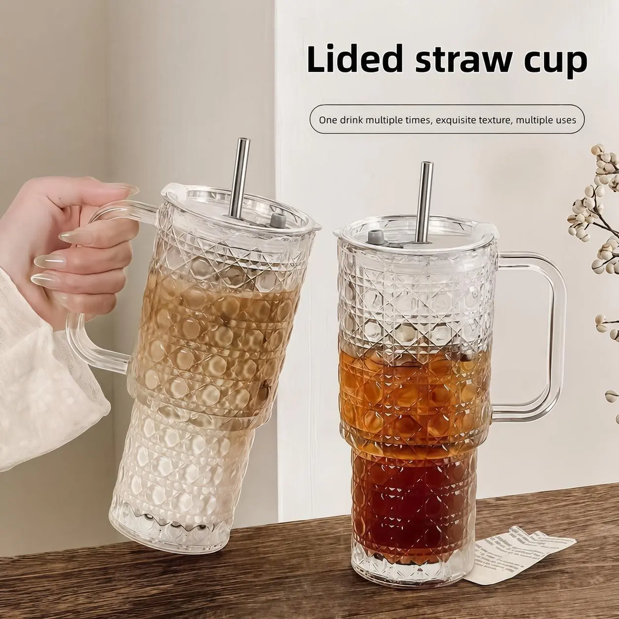 2pcs Glass Tumbler with Lid And Straw | 16OZ Heavy Duty, Reusable, Machine Washable, Perfect for Iced Coffee, Smoothies, Cocktails, Juices for Home, Office, Travel