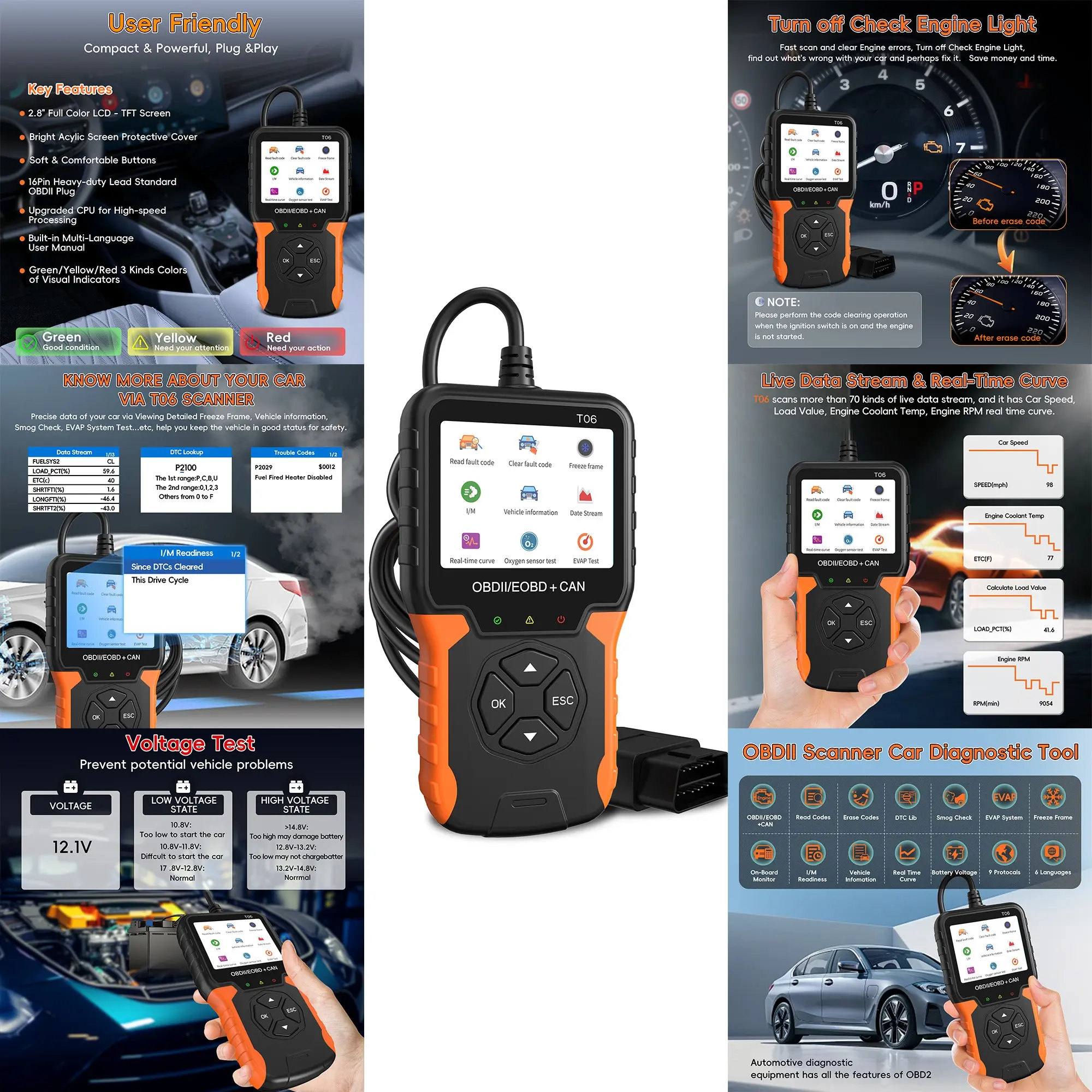 Obd2 Scanning Diagnostic Tool, Engine Light Reader, Battery Tester, Real-Time Data, Freeze Frame, I/m Preparation, for All Obdii Vehicles Since 1996