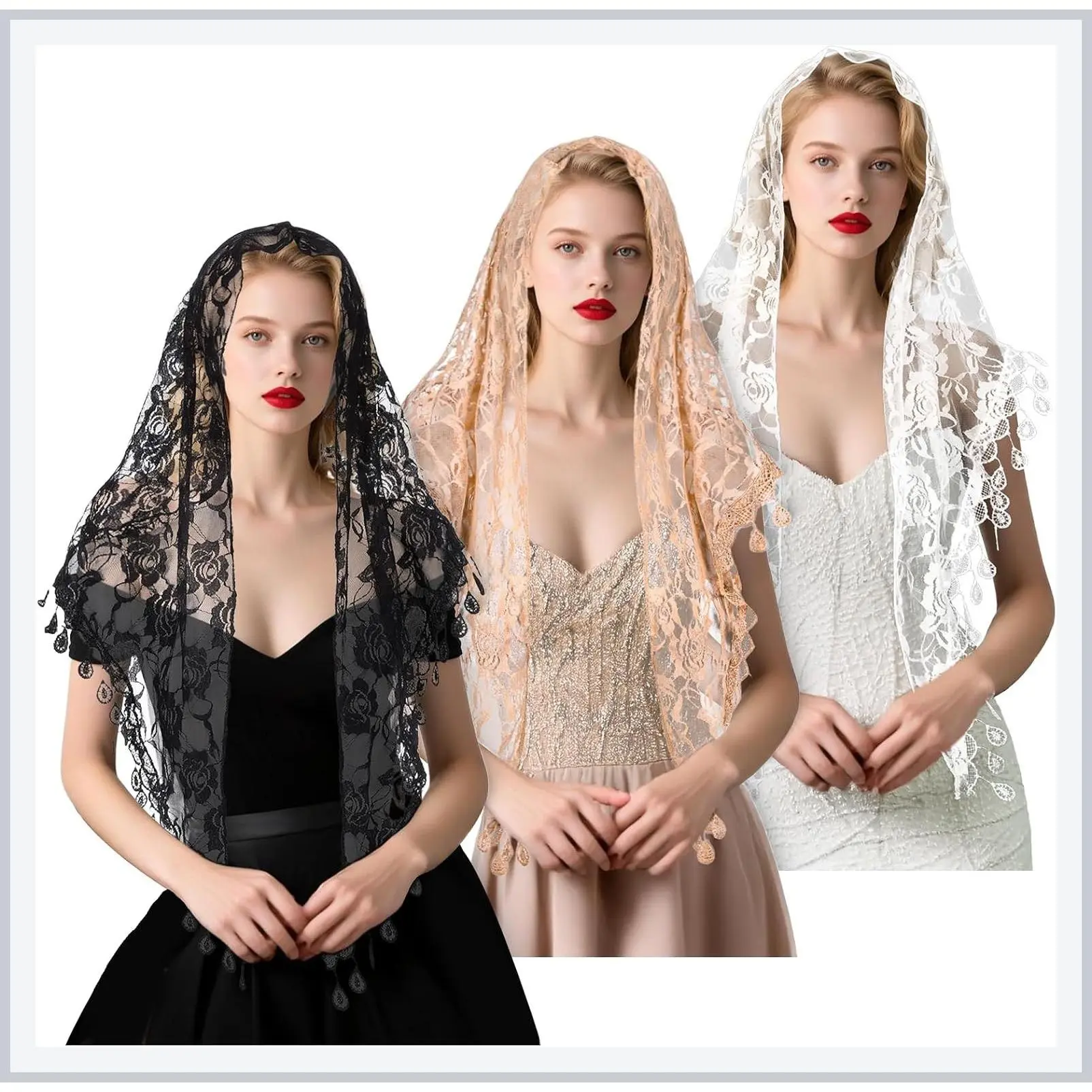 3 Pcs Mantilla Catholic Chapel Veils, Triangle Lace Tulle Head Covering for Women Girls, Floral Church Headwrap Headband, Cathedral Veils for Latin Mass Wedding Bridesmaid