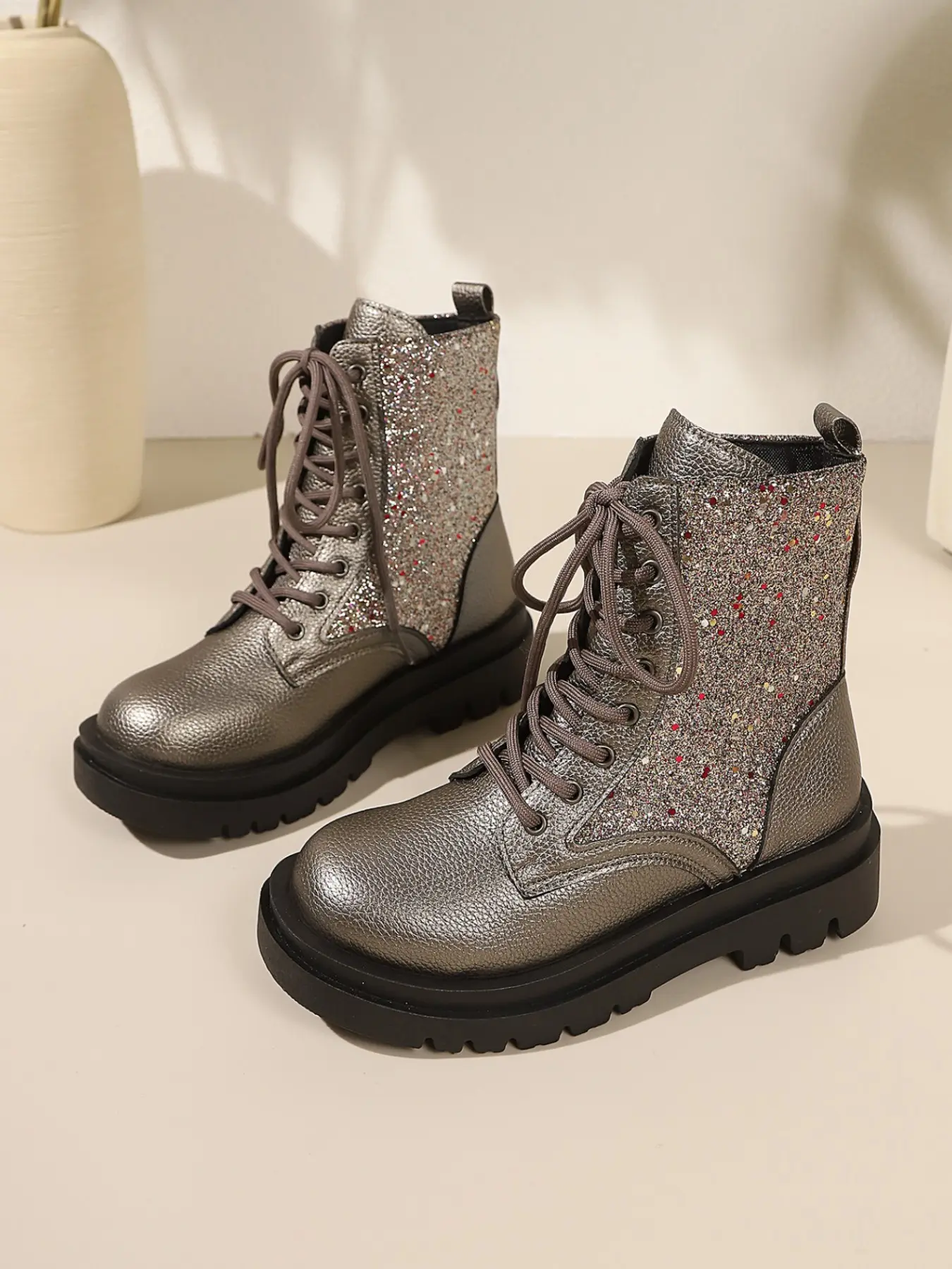 Sparkly Rhinestone Boots, Round Toe Design, Cross Laces, Chunky Sole Anti-Slip, Sweet Cool Style, Fall & Winter Fashion