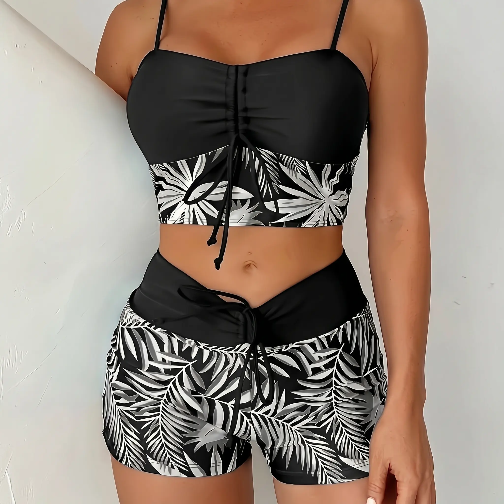 Summerwins Fancy Swimsuit: Tankini Swimsuits Set, High Waisted Black Tropical Print Bathing Suit with Tummy Control, Trendy Swimsuits 2026 Women, Flattering Swimsuits Women for Beach