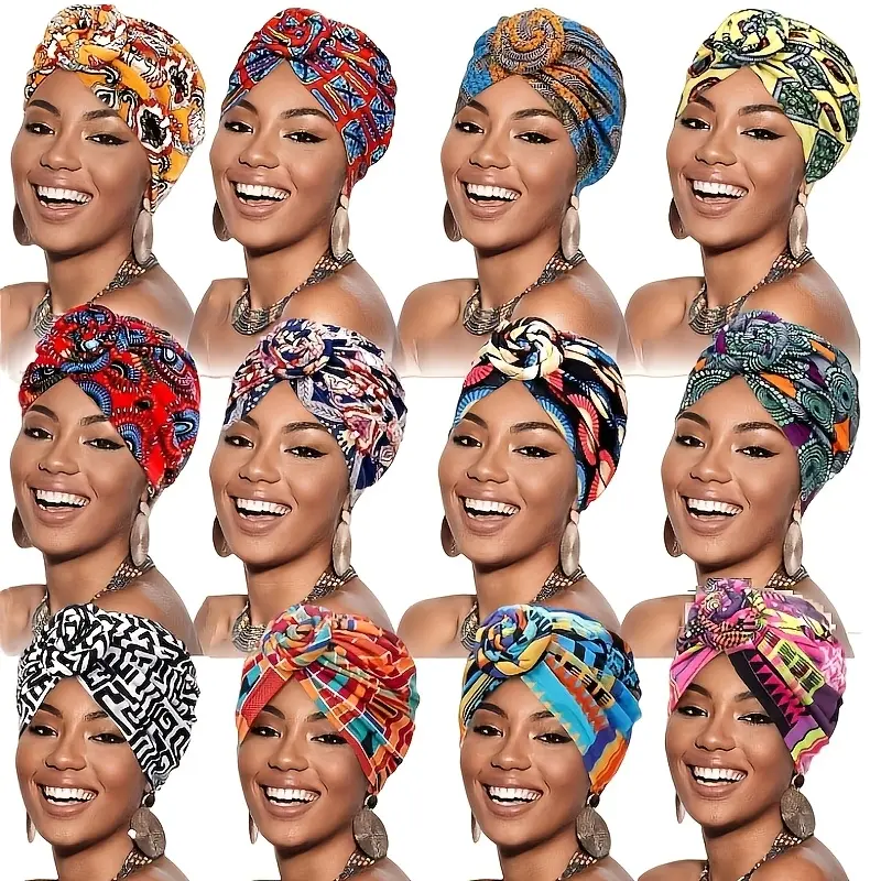 Set Of 6Pcs Elegant African Flower Knot Cap Headwraps For Women, Featuring Stretchable Pre-Tied Knot Bonnets Designed for Hair Covering, Ideal for Women'S Daily Wear And Parties, Gift for Friends And Family