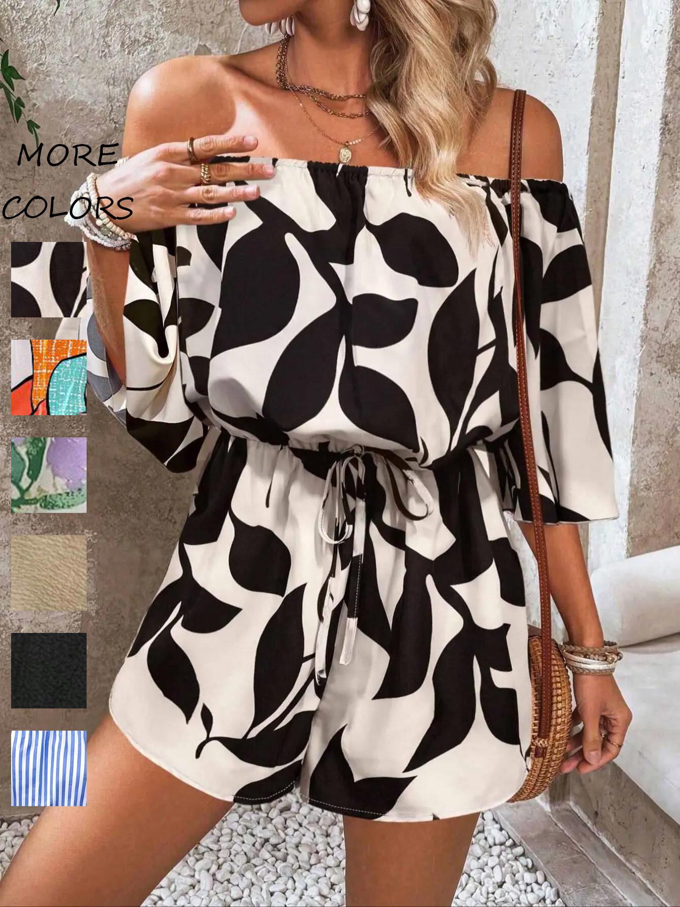 Women's Leaf Print Off Shoulder Tie Front Romper, Casual Flounce Sleeve Romper for Summer, Fashion Women's Clothing for Beach Holiday Vacation Jumpsuit Women's Leaf Print Off Shoulder Tie Front Romper, Casual Flounce Sleeve Romper for Summer, Fashion Women's Clothing for Beach Holiday Vacation Jumpsuit