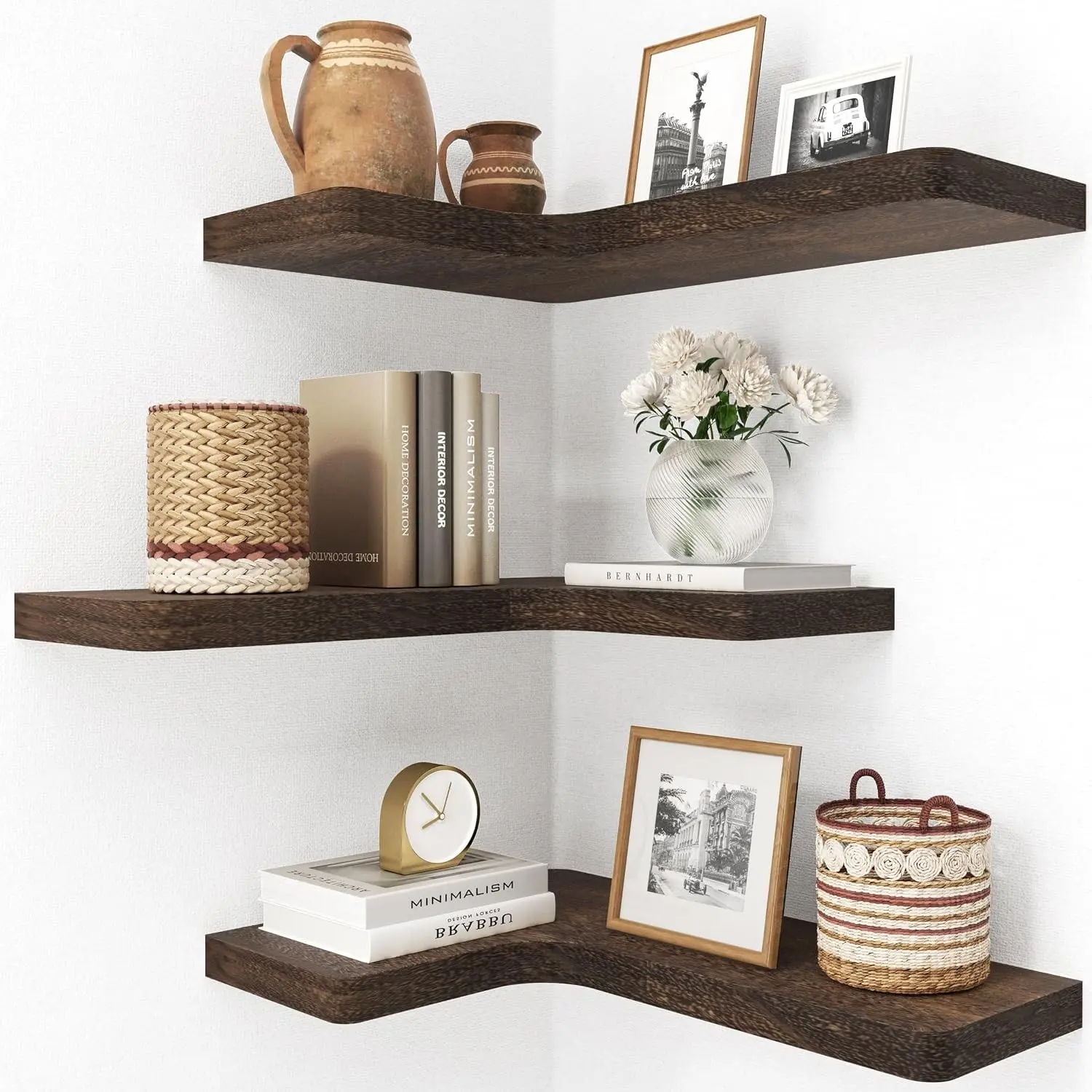 Floating Corner Shelves, Wall Shelf Set of 3, Shelves for Wall Storage, Solid Wood Shelves for Storage, Wall Mount Wooden Display Shelf for Bathroom Bedroom Kitchen Garage, Rustic Brown
