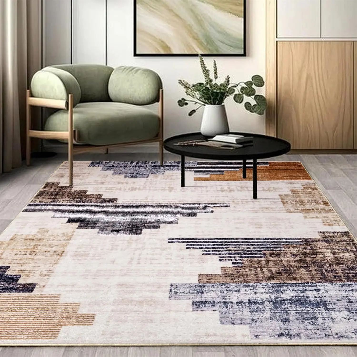 Washable Scandinavian Rug, Ultra Thin Shaggy Modern  Tribal 4x6 Area Rug for Dining Room Bedroom Entryway Kitchen, Stain Resistant Distressed Minimalist Boho Living Room Carpet