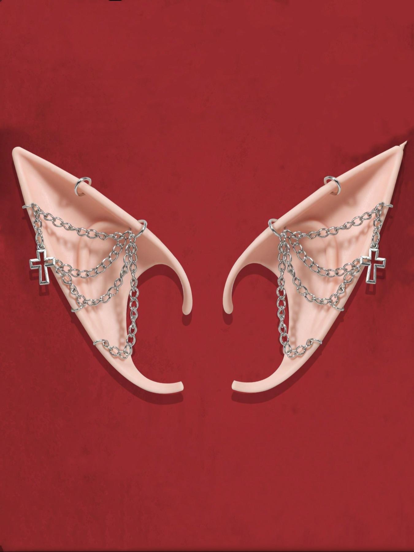Punk Style Chain & Cross Decor Elf Ear, Fashionable Cosplay Accessories for Women & Girls, Trendy All-match & Exquisite Elf Ear for Cosplay, Party, Costume