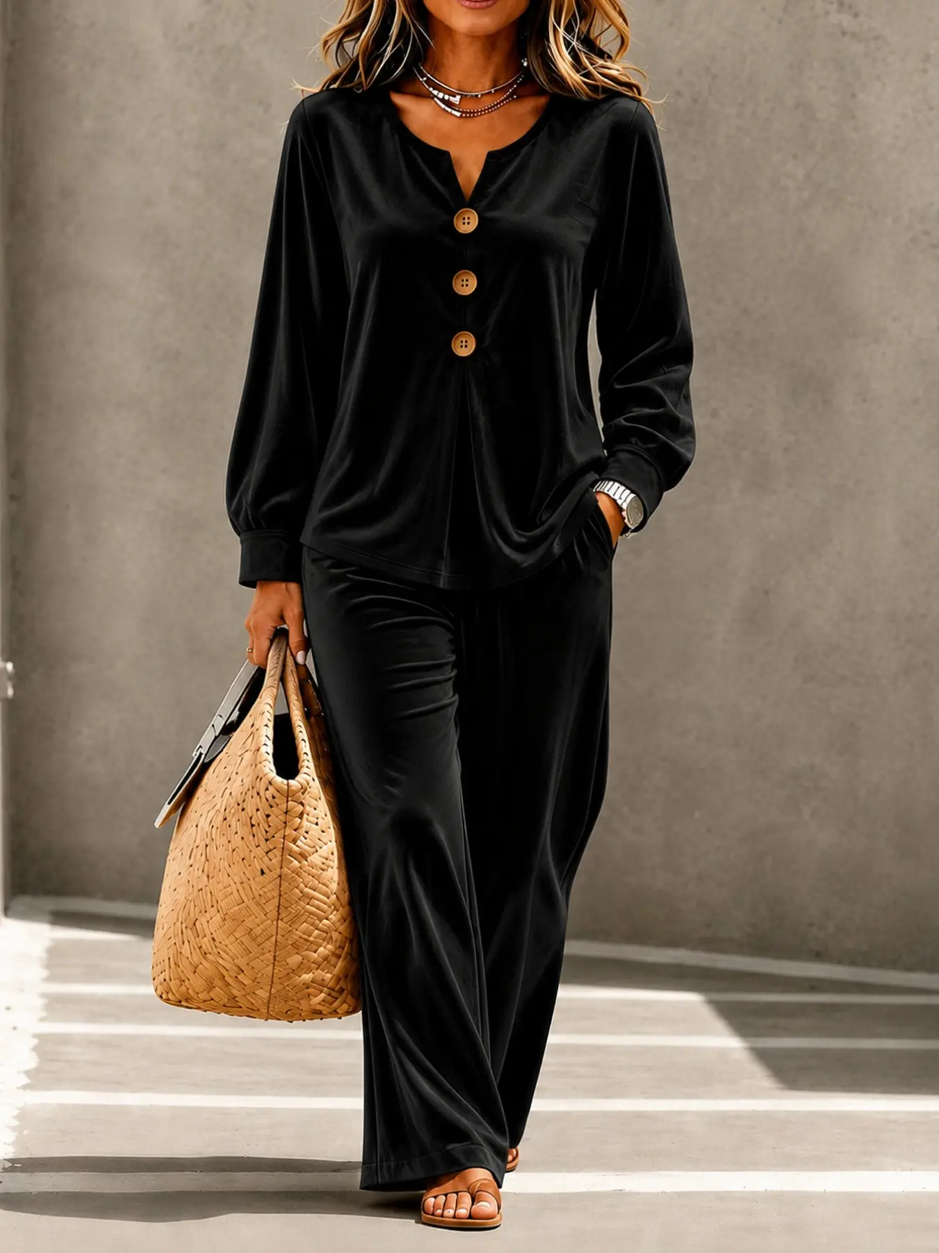 Women's Velvet 2-Piece Set, Long Sleeve Button V-Neck Top with Pockets, Wide Leg Pants, Loose Fit Casual, Comfortable and Stylish, Casual Outfit Set, Clothes