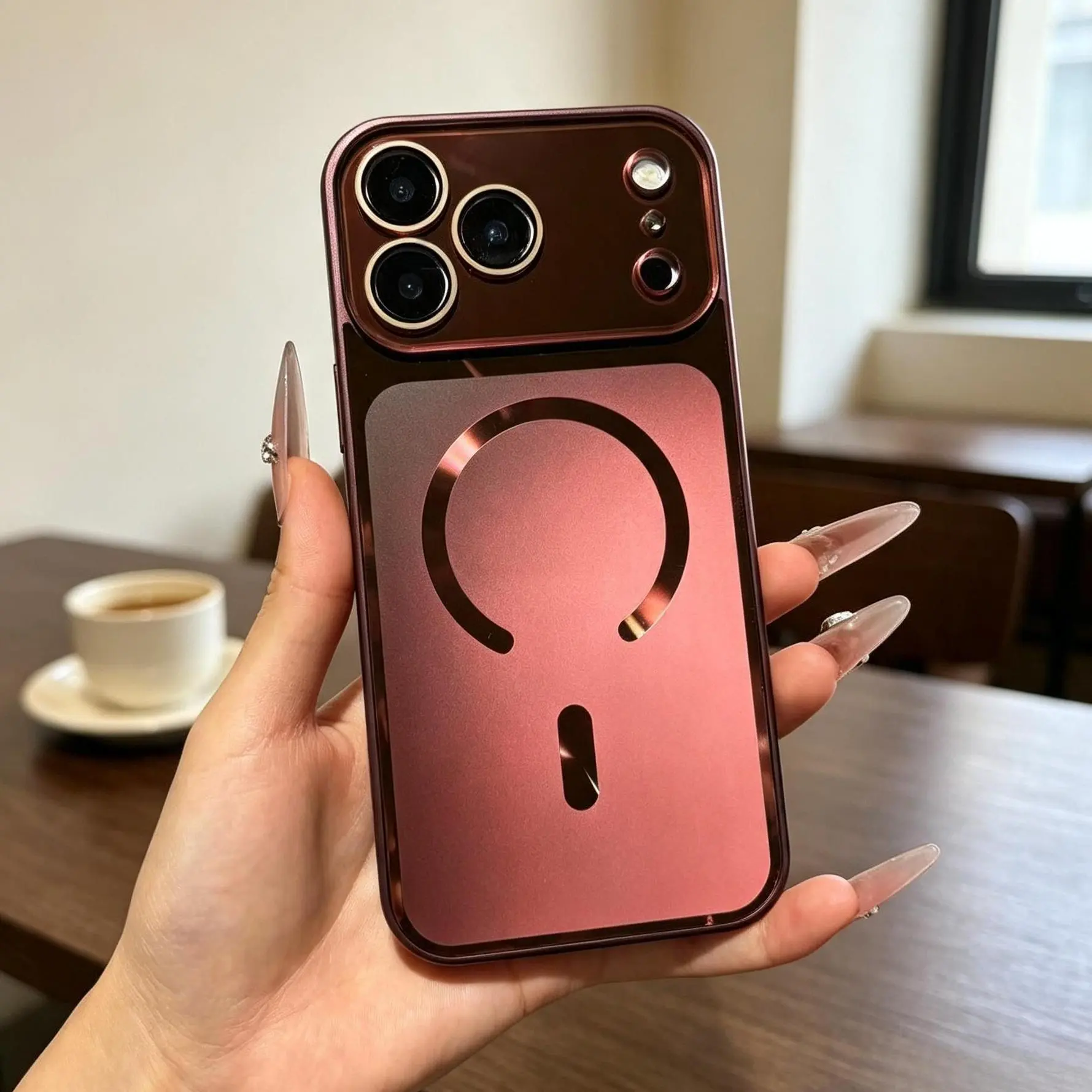 Plastic Cellphone Case - Shimmer Flow Design, Panoramic Large Window, Lens Protector, Magnetic MagSafe Back, Shock-Absorbing Cushioning, Custom Handheld Cover for iPhone 16/15/17/18 Pro Max/16/15 Pro, Chambray Blue, Burgundy Casing Accessories