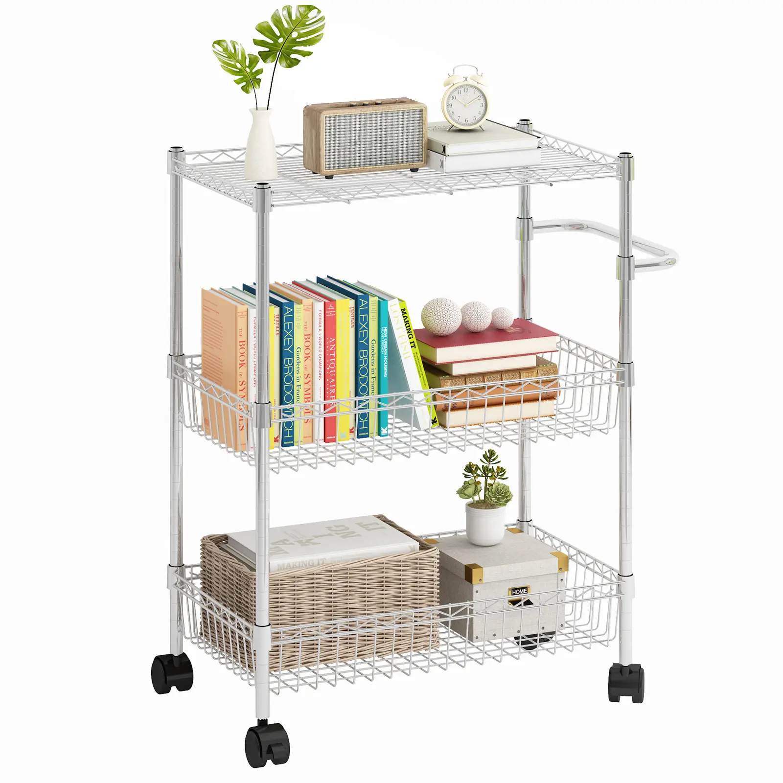 Heavy Duty 3-Tier Kitchen Storage Cart - Adjustable Chrome Wire Shelves,Handle & Lockable Wheels - Multi-Purpose Metal Organizer