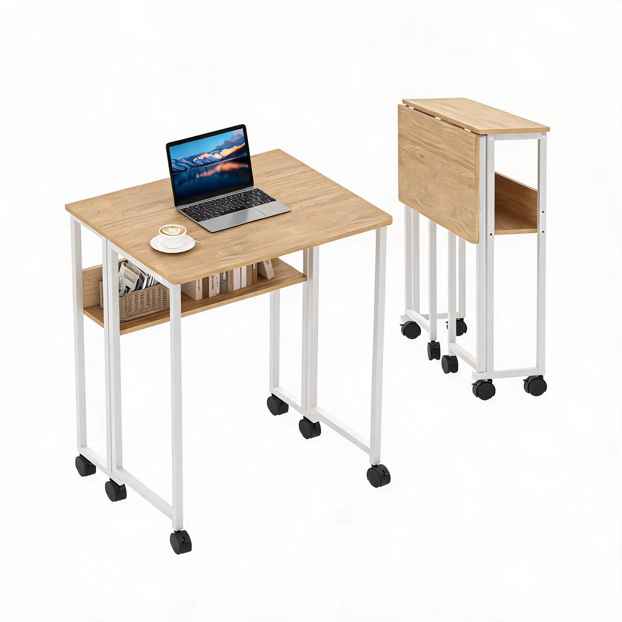 Garvee Foldable Computer PC Desk - 2 Sizes (24.8"/31.5") Mobile Rolling Laptop Desk with Storage Shelf, Compact Writing Workstation on Wheels for Home Office & Study, Easy Assembly