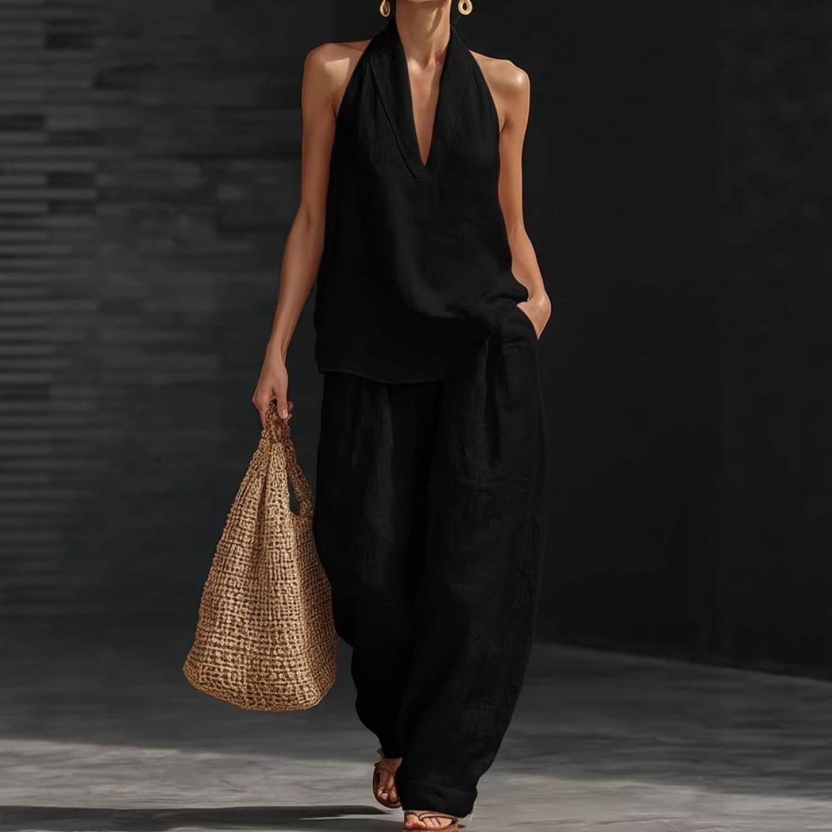 Boho Halter Neck Two Piece Set - Perfect for Beach & Vacation! Sleeveless Top Wide Leg Pants # TwoPieceSet # HalterNeck # WideLegPants # Sleeveless # SummerOutfit # BohoFashion # Outfit of the Day # WomensFashion # CasualWear