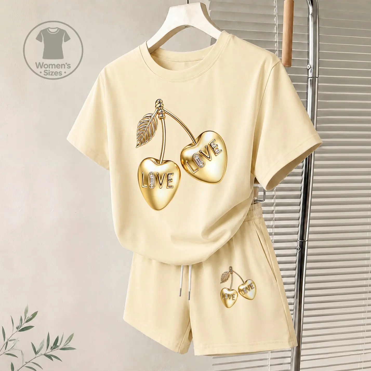 Women’s “LOVE” Cherry Graphic Print Casual 2-Piece Shorts Set, Short Sleeve T-Shirt and Drawstring Shorts Outfit, Comfortable Lounge Set for Beach, Vacation, Cruise, Travel, Daily Wear and Summer Casual Style