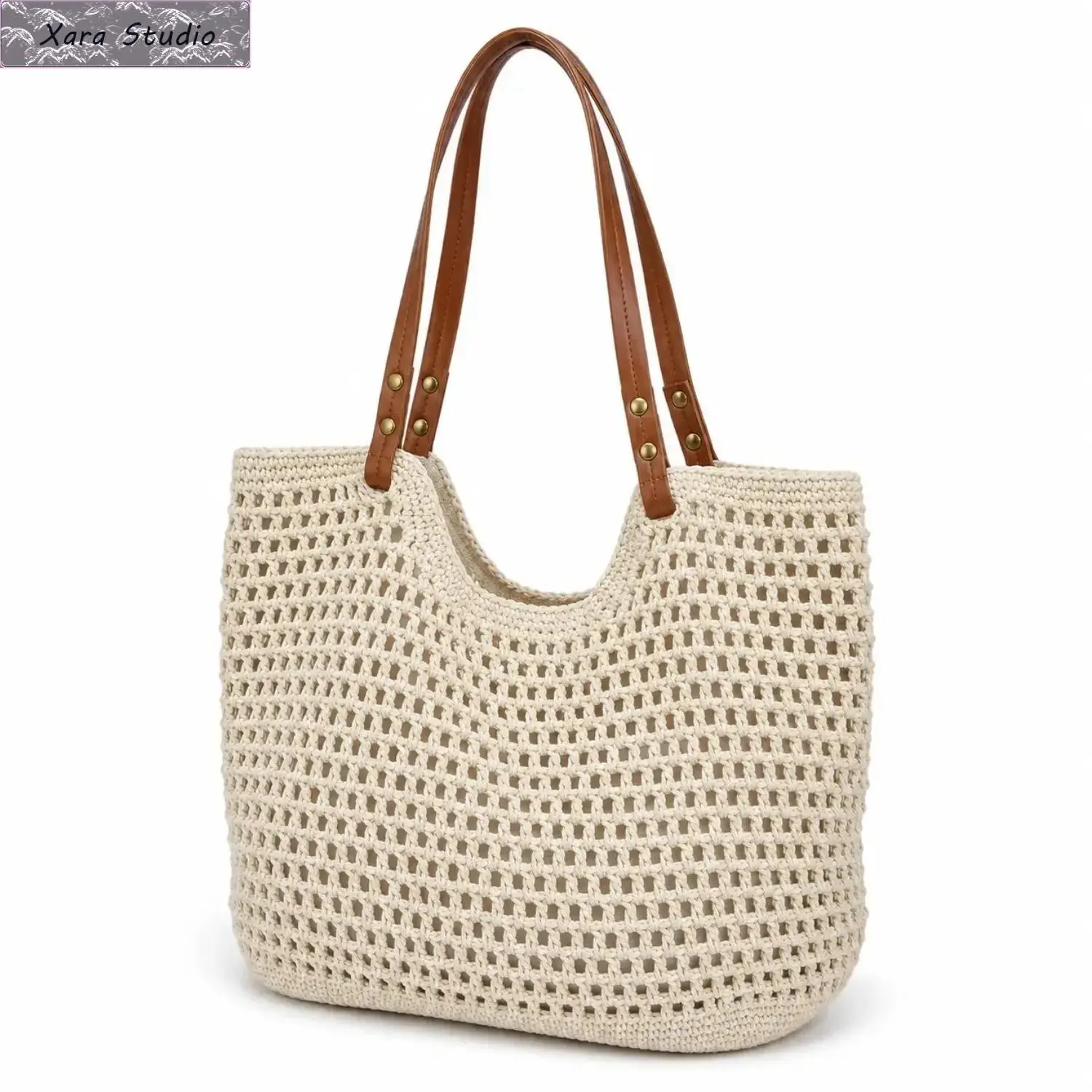 Crochet Tote Bag for Women, Hollow Out Knitted Mesh Shoulder Bag with Faux Leather Handles, Summer Beach Bag, Boho Woven Purse for Travel, Vacation, Shopping & Daily Use