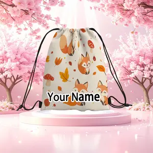 One Personalized Drawstring Backpack with a And Leaves Design - Spacious, Foldable Oxford Bag, Showcasing Delightful Cartoon Foxes And Autumn Foliage on a Light Backdrop. Made from Sturdy Oxford Material