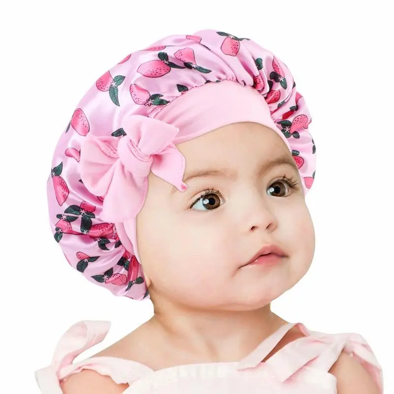 Kids Satin Bonnet With Bow Cute Fruit Unicorn Print Elastic Sleep Cap Toddler Girls Silk Hair Protection Head Wrap Night Hat Multiple Patterns