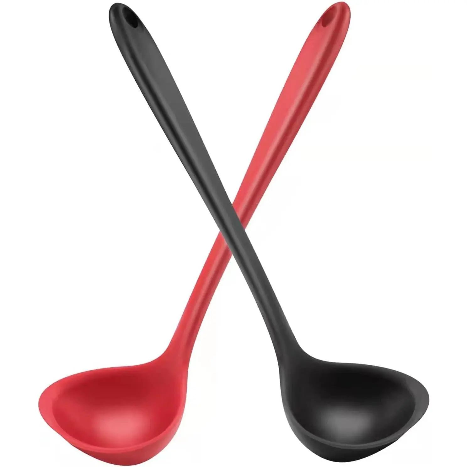 12" Stainless Steel Core Silicone Ladle Utensils Set of 2, Long-Handle Seamless Nonstick Hanging Soup Spoons, 600°F Heat-Resistant Kitchen Cooking Ladles