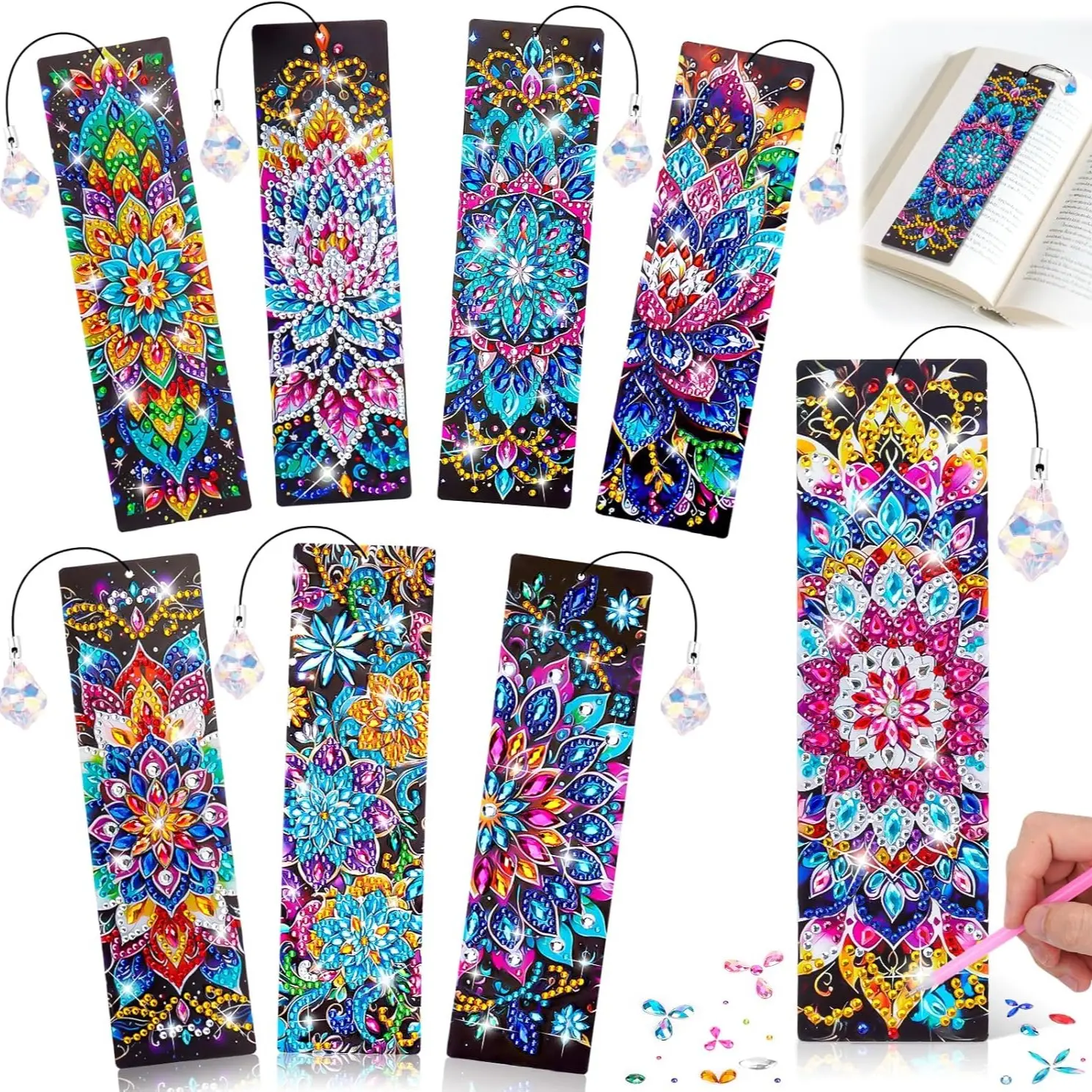 8-Piece Set 5D Diamond Painting Bookmark, DIY Diamond Art Bookmark, Mandala Pattern, Suitable for Beginners, Creative Craft Supplies