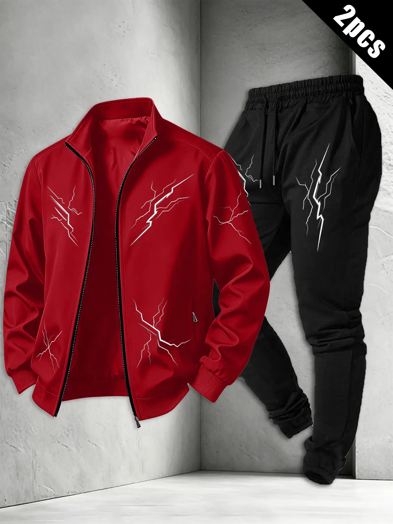 Men's Two-Piece Set with Stand Collar Jacket and Cuffed Long Pants, Dark Street Style, Smooth Windproof Fabric, Elastic Waistband