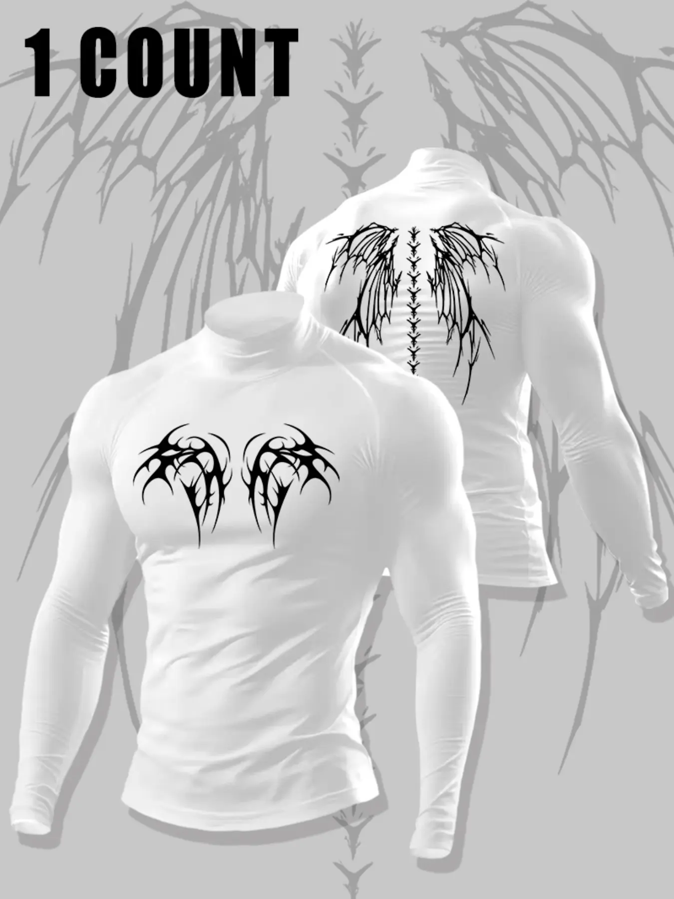 Men's Gothic Thorn Demon Wing Front & Back Print Mock Neck Compression Long Sleeve Fitness Workout Shirt Muscle Fit Quick Dry Workout Base Layer Athletic Undershirt For Bodybuilding Training Daily Streetwear
