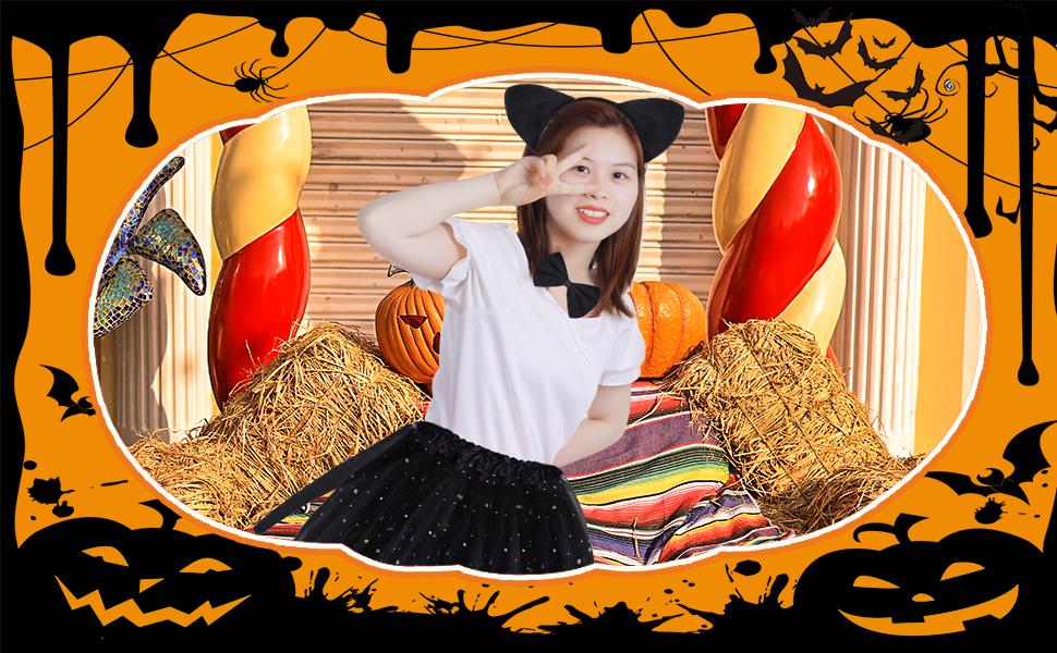 Black Cat Costume Set – Complete Kit with Cat Ears Headband, Tail, Bowtie & Tutu, Perfect for Kids Halloween, Dress Up & Cosplay