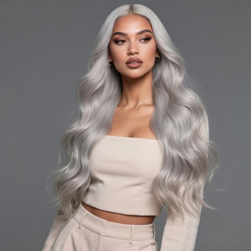 Grey Body Wave Synthetic Lace Front Wigs Glueless Silver Grey Loose Wave 13X4 HD Lace Middle Part Natural Hair Line 30 Inches 250% Density Heat Resistant Fiber Hair Wigs for Women Daily Party Cosplay Use
