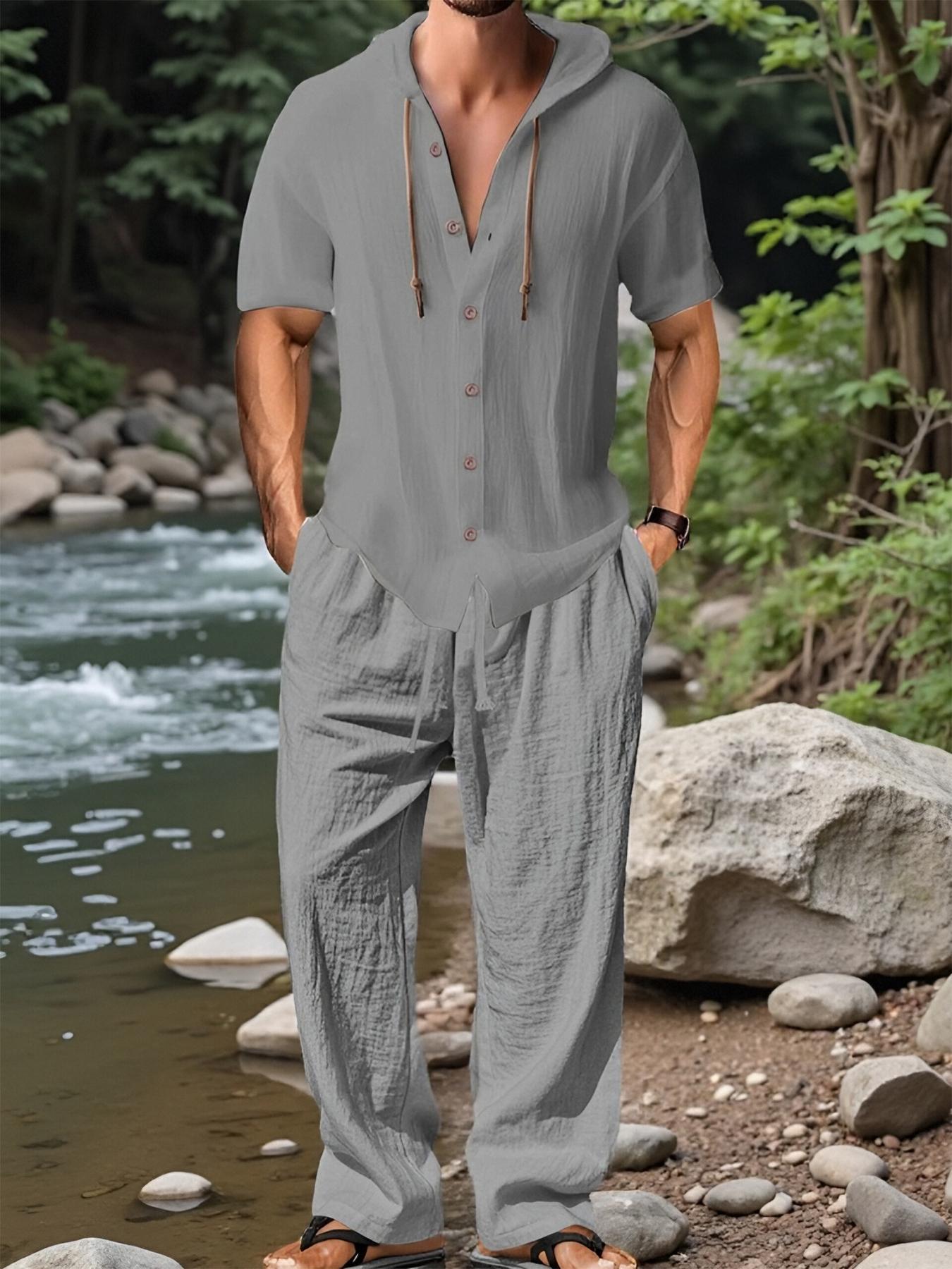 Two-Piece Set Men's Solid Linen Set, Casual Breathable Quick-drying Top & Drawstring Wide-leg Pants Set for Beach Holiday, Men's Clothing for Summer, Menswear