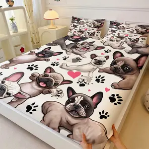 Funny Bull Terrier Puppy Print Bed Sheet Set, Includes 2 Pillowcases, Durable Non-Slip Mattress Protector, Perfect Gift for Dog Lovers