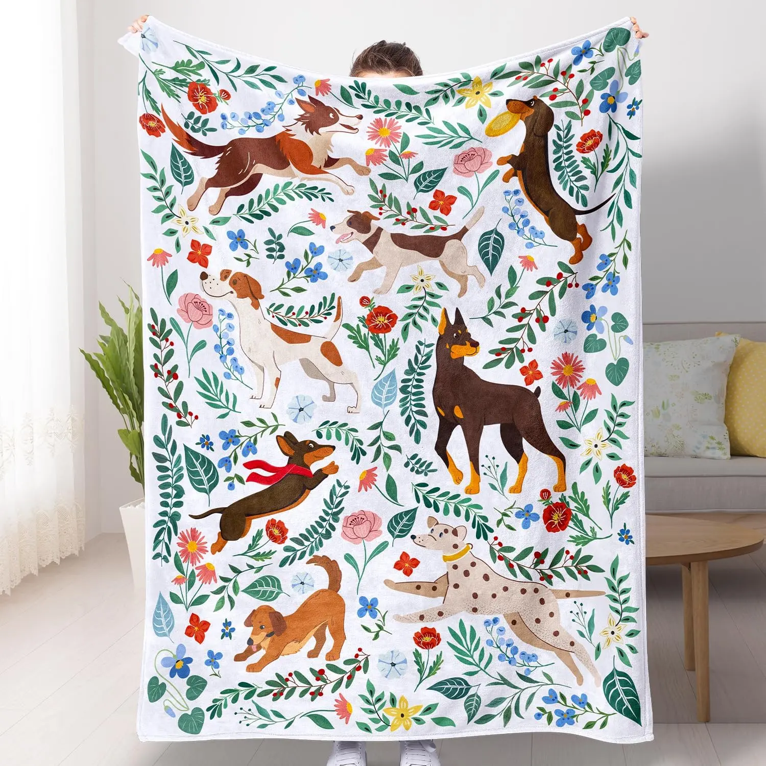 Dog Blanket Ultra Soft Floral Throw Blankets Gifts for Dog Lover Blanket Flower Leaves Flannel Fleece Throw Lightweight Warm Cozy Fuzzy Plus Cabin Blanket for Bed Sofa, 50" X 60"