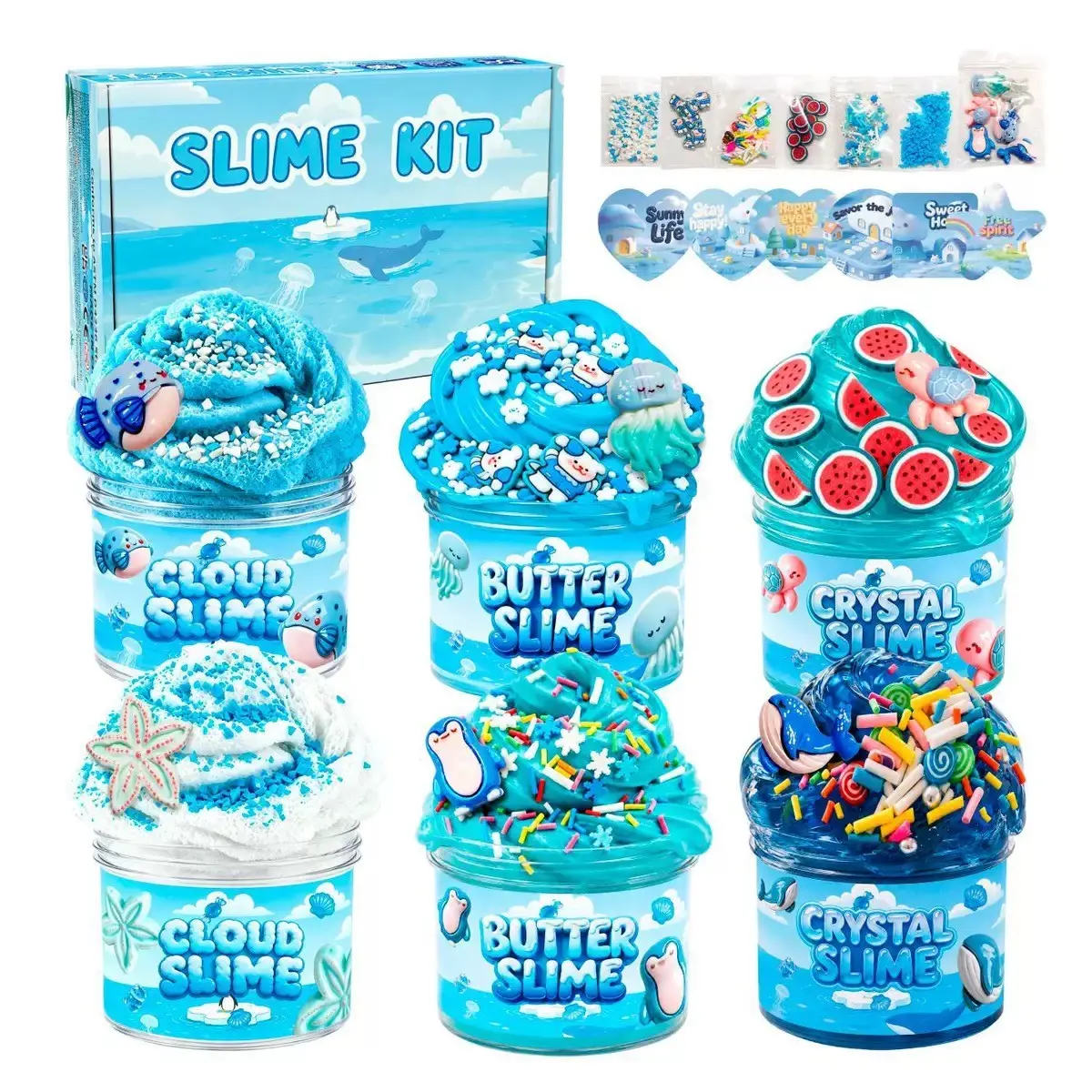 6 Bottles Blue Slime Stress Relief Toy, Ocean Color, Party Gift, Goodie Bag Filler, Easter Basket Fill, Sensory Clay Toy for Kids 4-10 Years