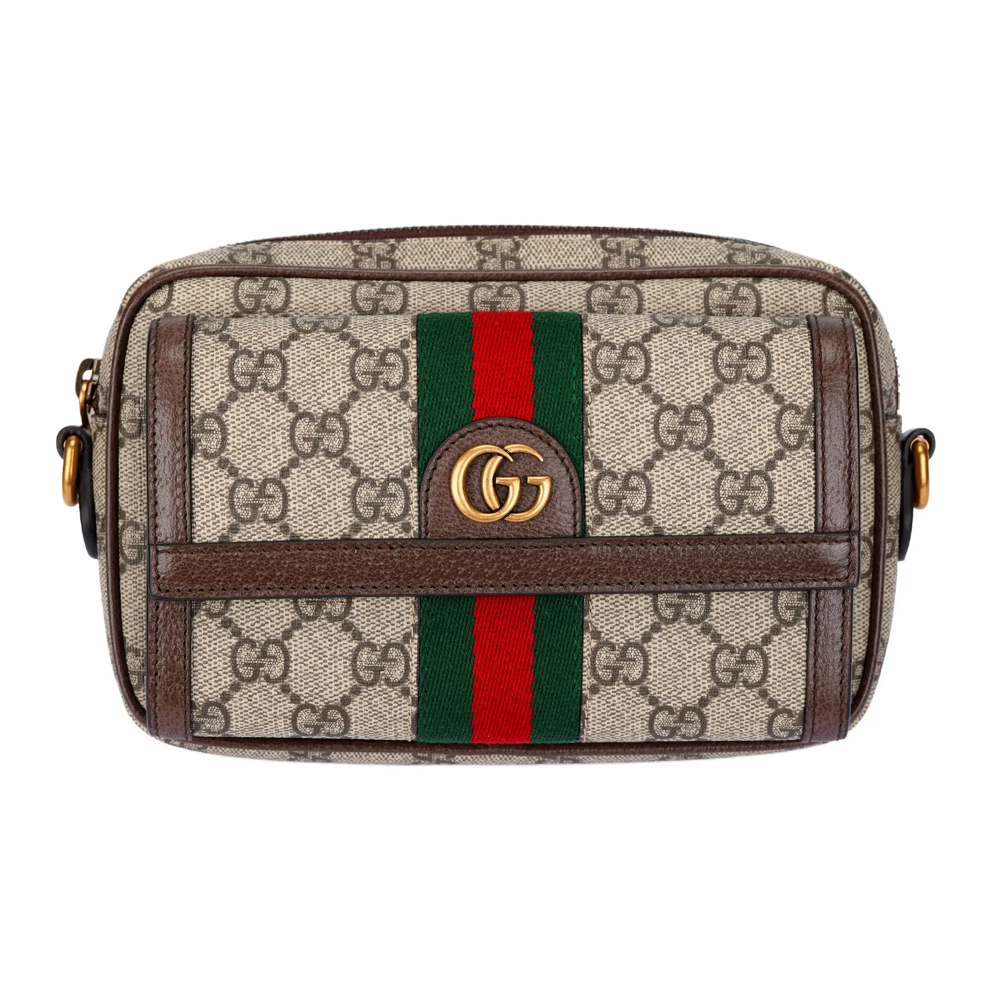 Gucci Ophidia Mini Crossbody Bag for Women – Canvas and Leather with Detachable Double G Strap, Beige and Ebony
