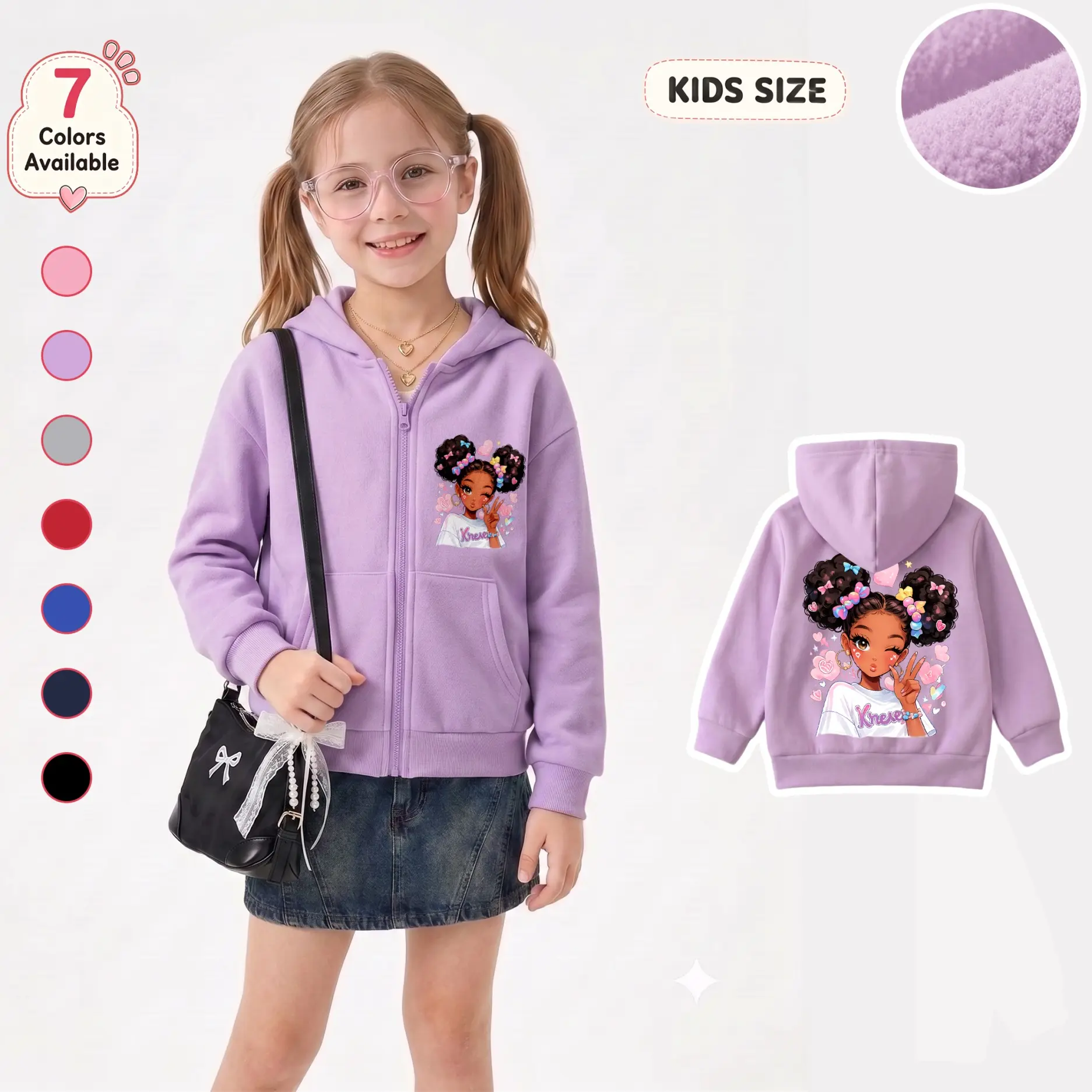 Girls’ Cartoon Character Double Bun Print Casual Hoodie - Long Sleeve Zip-Up Hooded Jacket with Pockets, Regular Cut Casual Hoodies for School/Play/Party