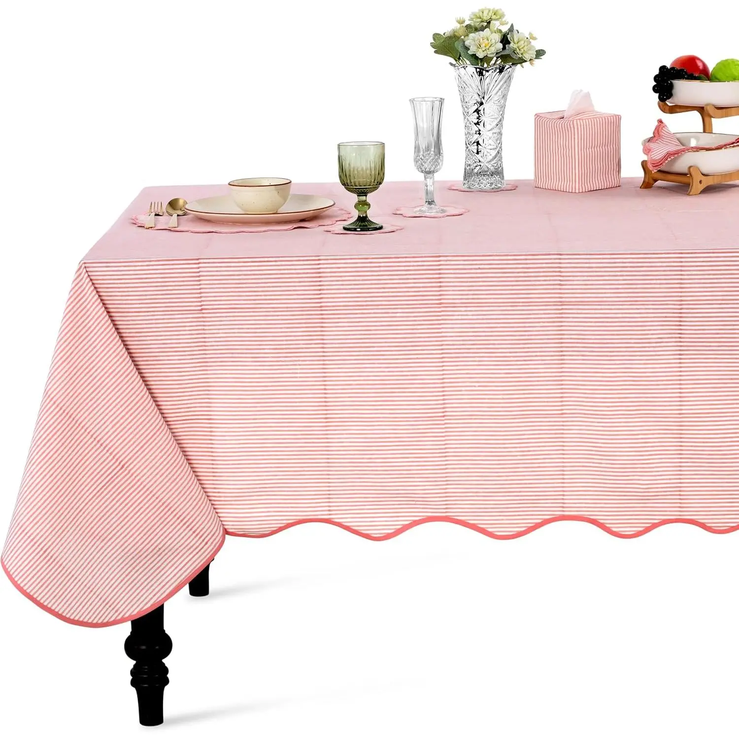 Blush Coral Stripe Block Print 60x60 Square Tablecloth Table Cover for Dining Tables, Handcrafted  Kitchen Decor, Washable, Decorative Tablecloths for Spring, Easter, Valentine