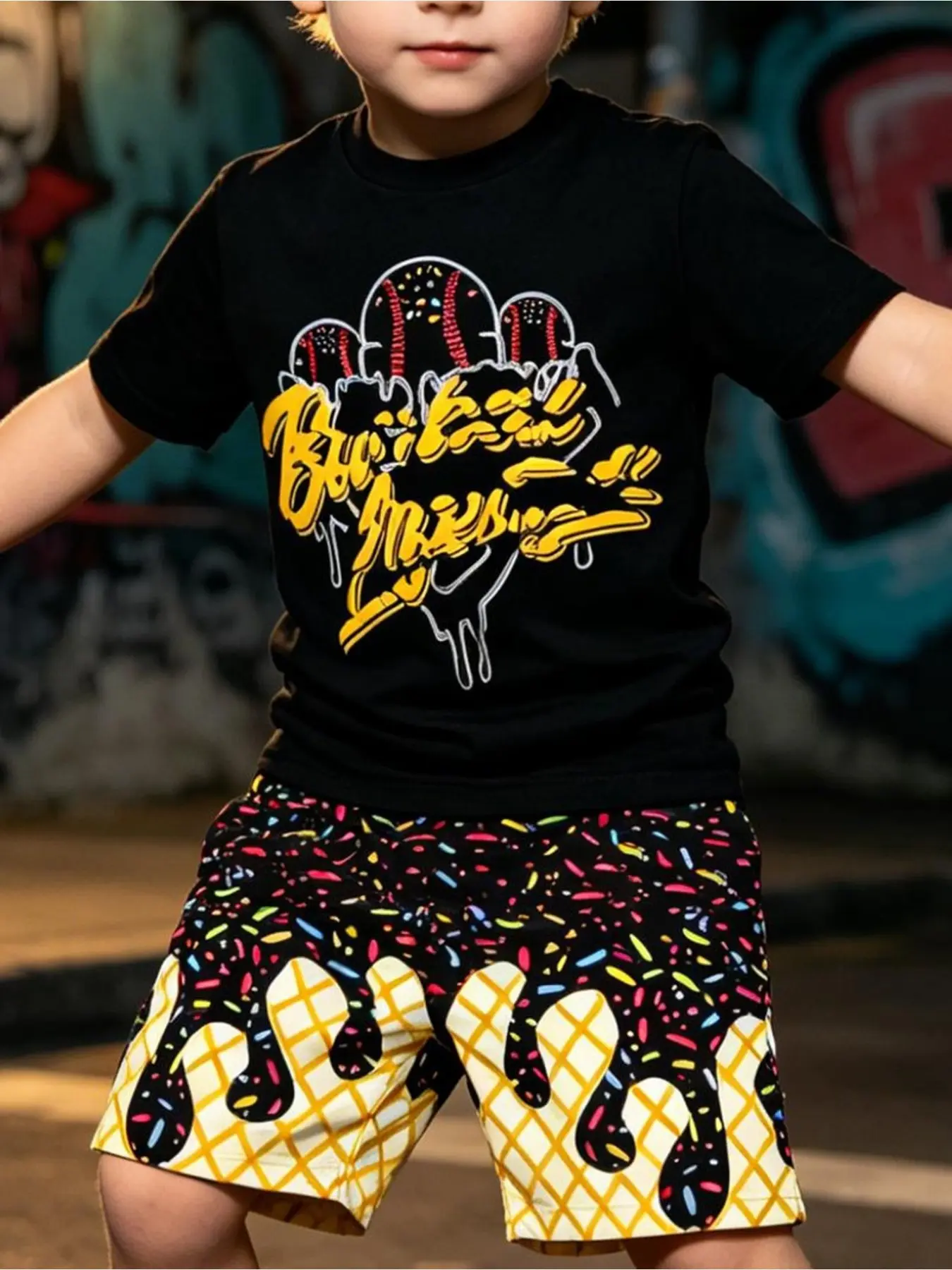 Boys' Ice Cream Graffiti Two-Piece Set, Short Sleeve T-Shirt with Baseball Pattern, Dripping Font Print, Summer Streetwear