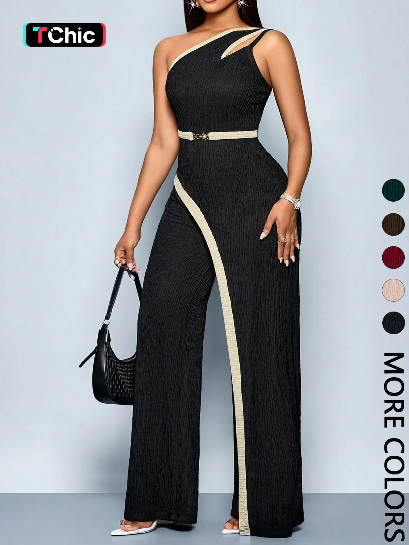 Women's Chic Comfortable Fit Asymmetrical Jumpsuit, Stylish One Shoulder Cut Out Wide Leg Jumpsuit, Perfect for Casual Wear, Cutout