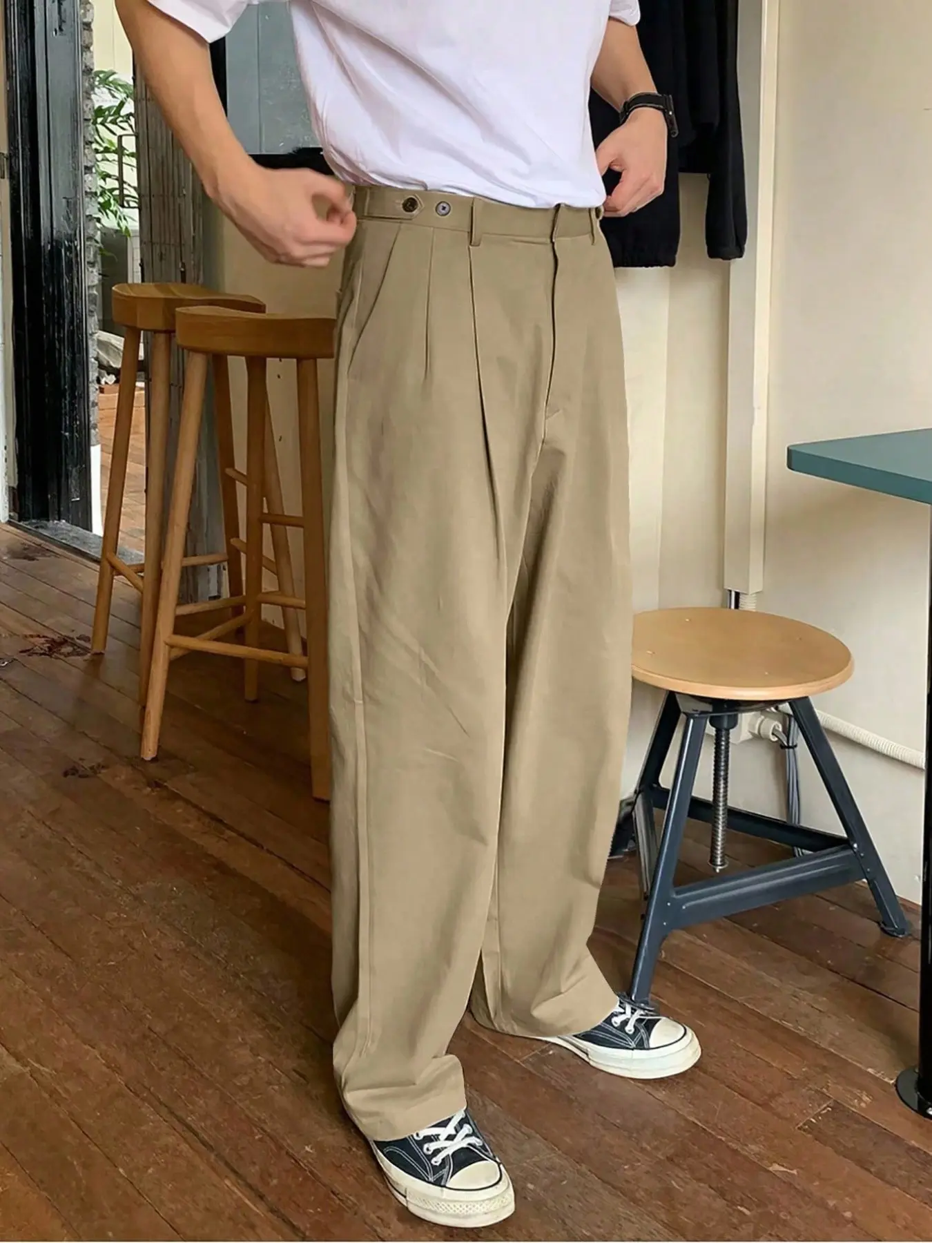 Men's Solid Color Straight Leg Pants, Oversized Loose Casual Comfy Wide Leg Trousers for Summer, Men's Bottoms for Daily Wear, Beige
