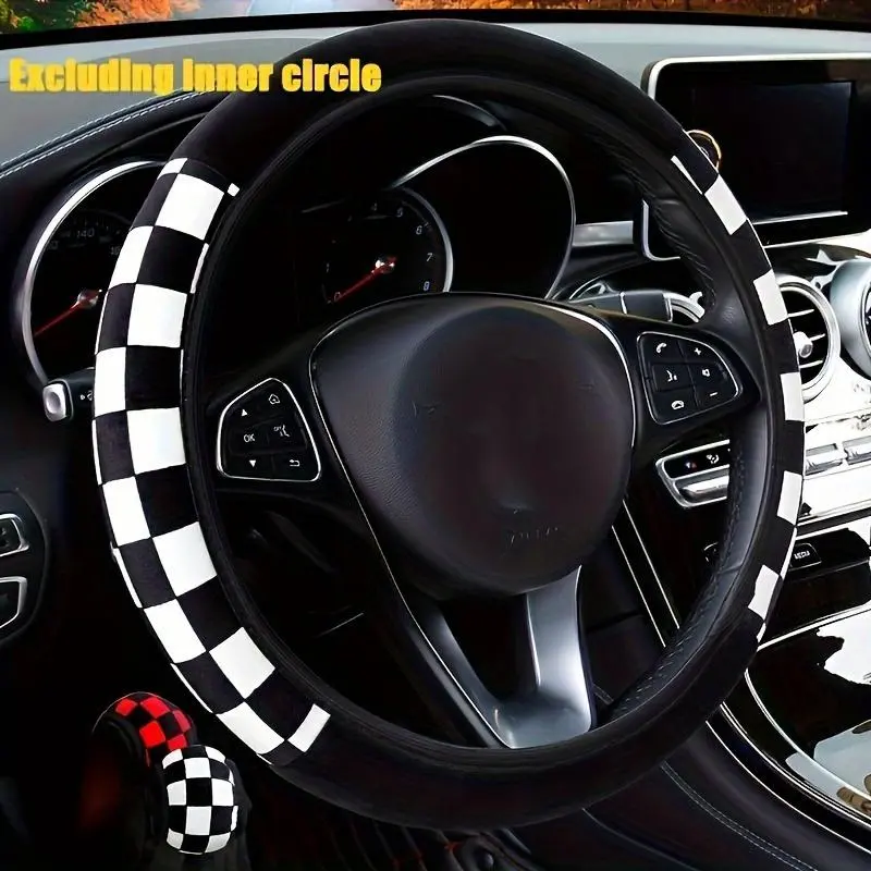 This Is a Steering Wheel Protection Cover with Short Plush and Checkered Patterns. It Is Very Soft and Suitable for 15-inch Steering Wheel Covers.