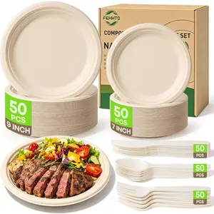 Father's Day Gift| 250PCS Compostable Sugarcane Paper Plate Set, Heavy-Duty Biodegradable Eco Friendly Disposable Dinnerware, Extra Long Forks Knives Spoons for Backyard Parties & Outdoor Gatherings