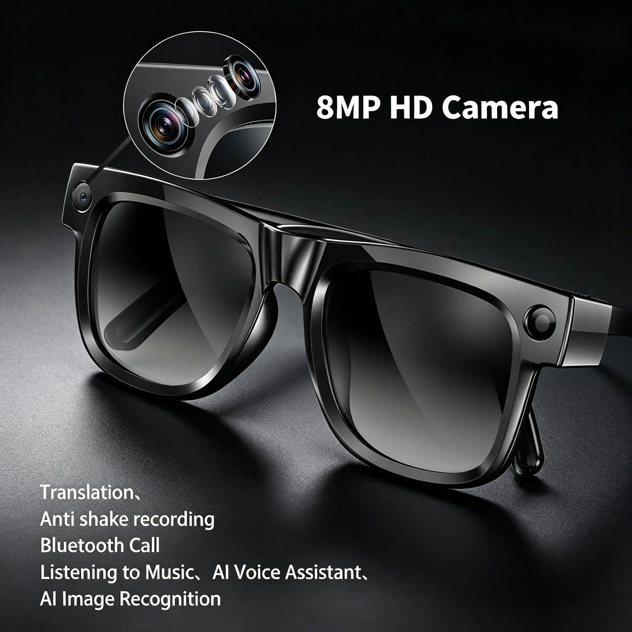 Smart Glasses with 8mp Stabilized HD Camera, Video Recording, Language Translation, Bluetooth-compatible Calling, Music Playback, Daily Use, Multifunctional Smart Glasses, Wearable Smart Glasses
