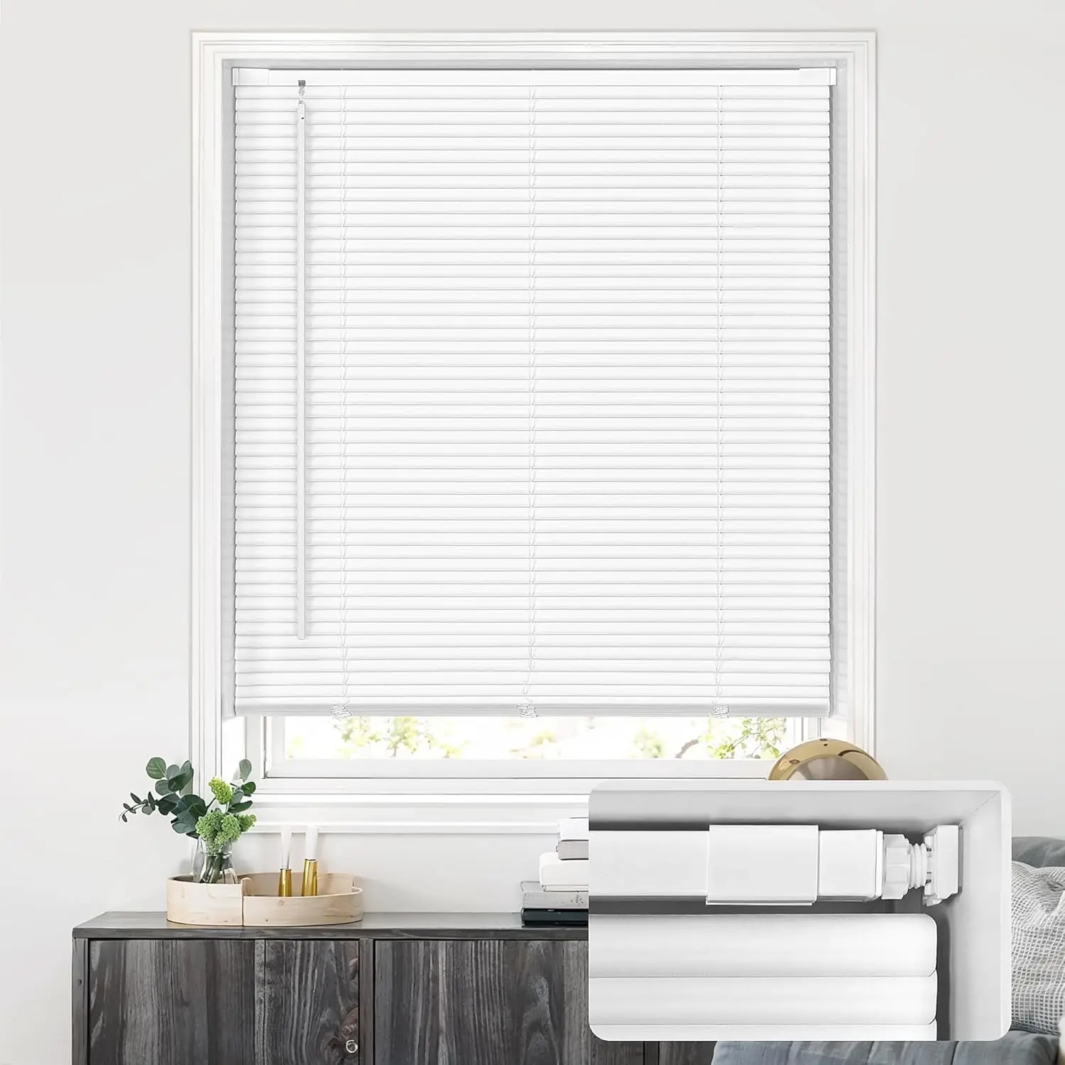 LazBlinds No Drill Vinyl Mini Blinds, 35" W x 64" H White, S-Shaped Slats Offer Tighter Seal, Ideal for Bedrooms, Kitchens & Bathrooms